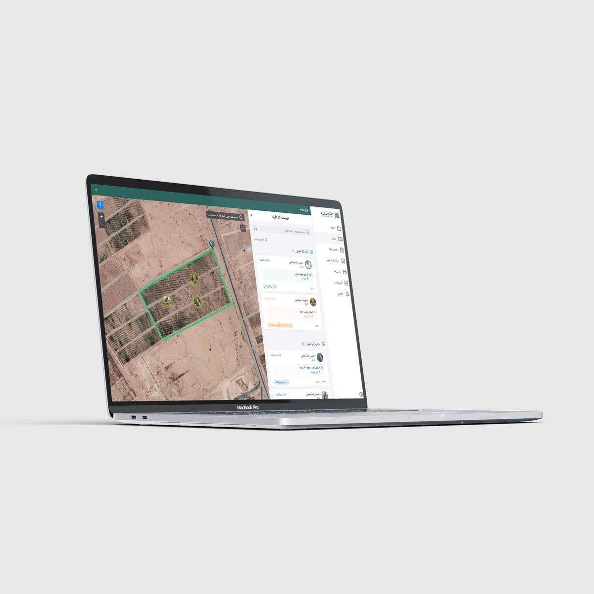 Laptop mockup of the Jereeb smart farming platform: satellite map and worker task list in Persian.